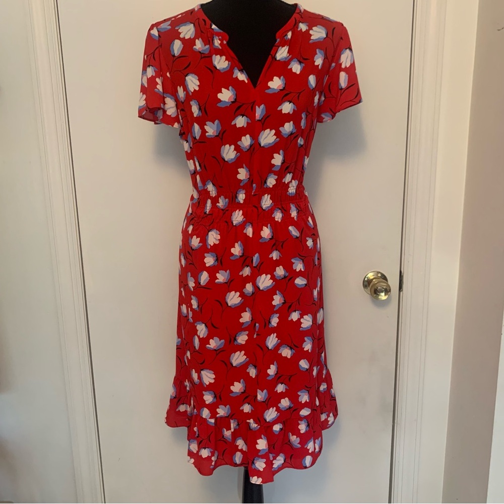 LOFT Floral Cap Sleeve elastic waist ruffle hem lined Midi Dress size M. D#2